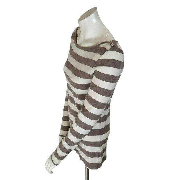Old Navy Tan & Ivory Long Sleeve Striped Boat Neck Cozy Modal Blend Top - Picture 4 of 6